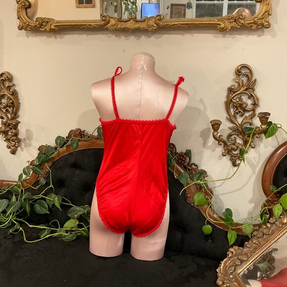 Vintage V-Neck Lace Teddy Bodysuit High Cut lingerie Size L Red - Picture 4 of 7